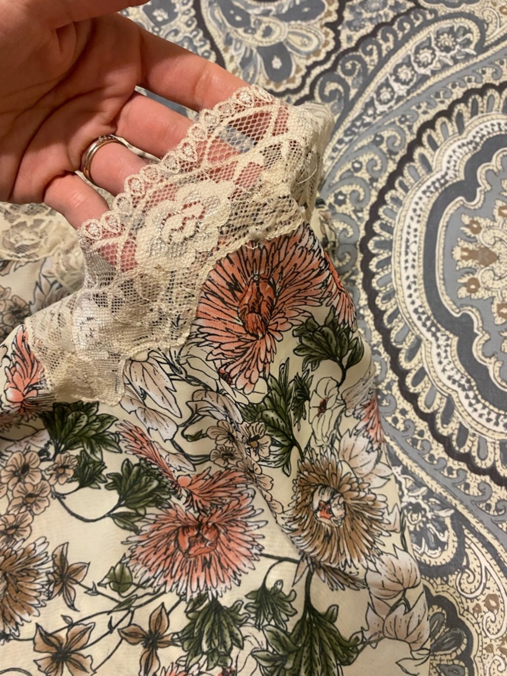 Floral Lace-Trim Cami Tank Top - Cream with Pink & Green Floral Print - Picture 4 of 5